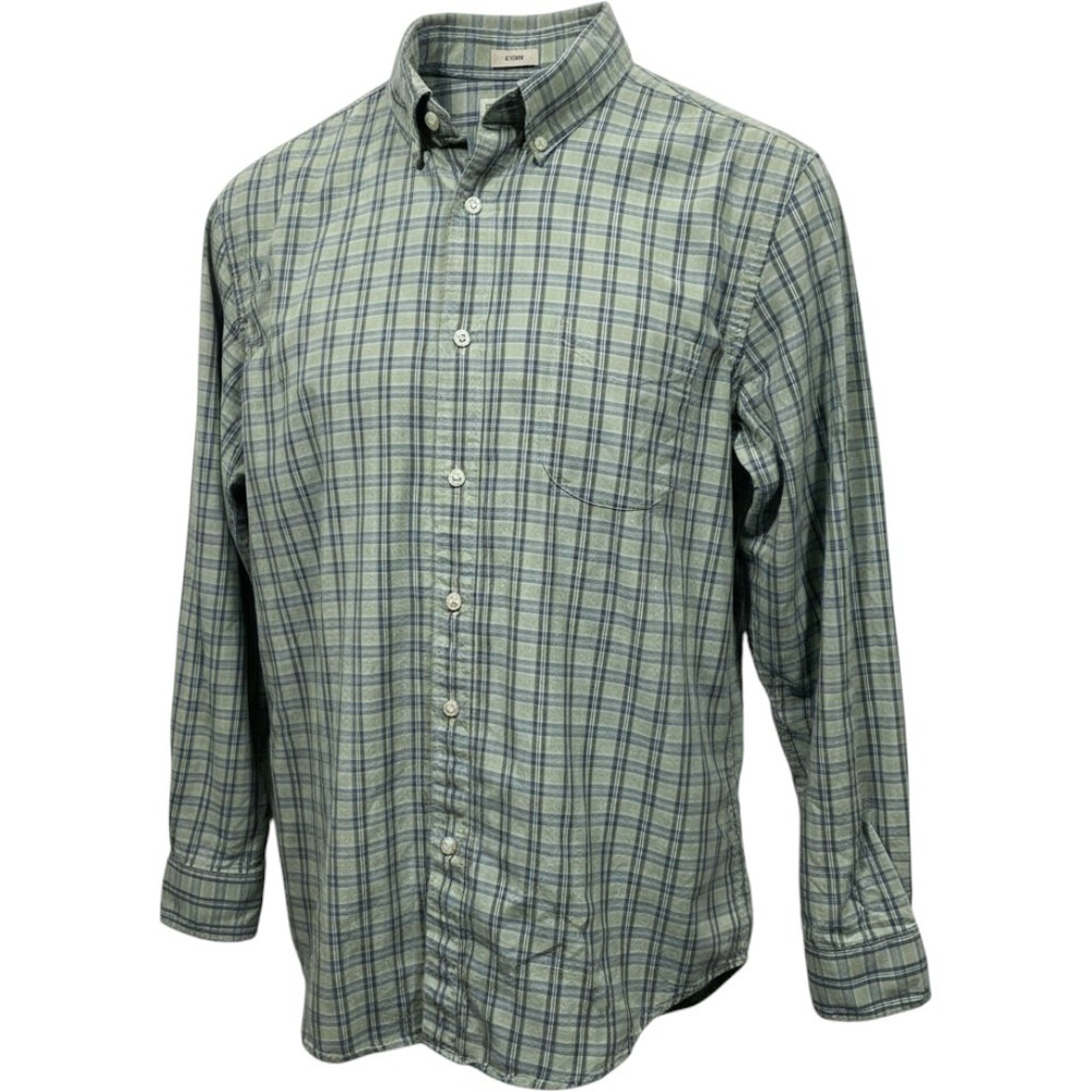 J.Crew Slim Fit Button Down Shirt Mens M Green Blue Plaid Organic Cotton Preppy